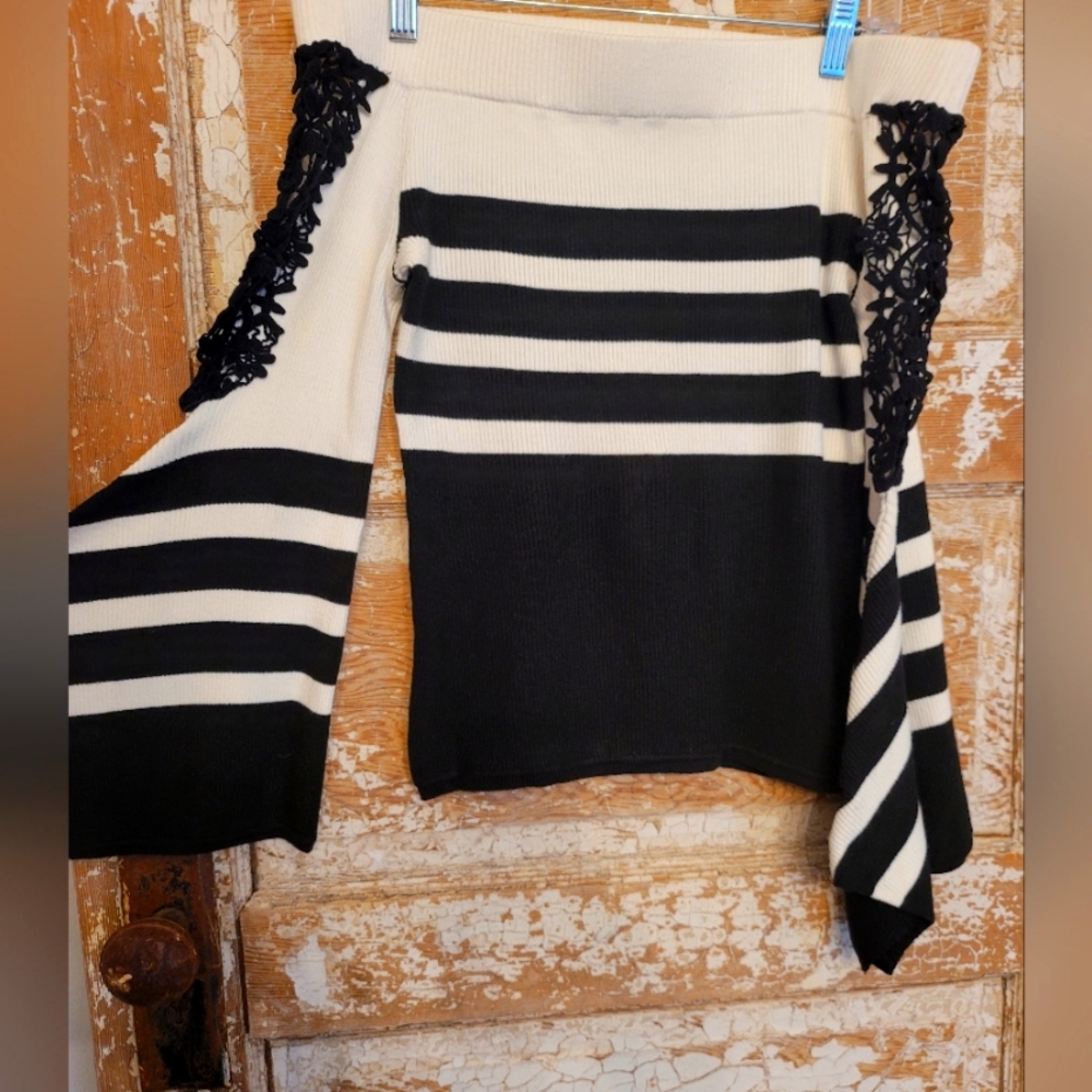 New York & Co Off The Shoulder Black and White Sweater with Bell Sleeves